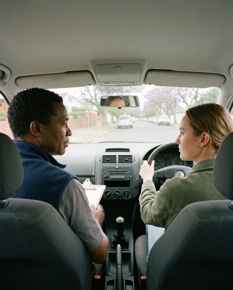 A driving instructor with a clipboard talks to a learner at the wheel during a lesson.